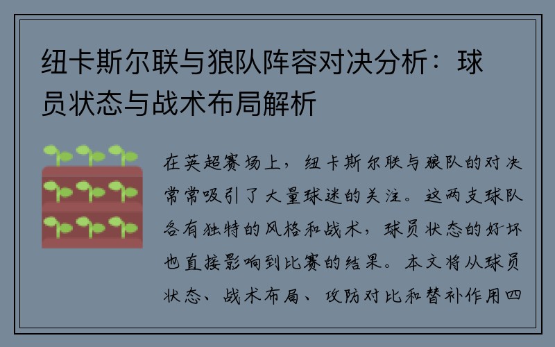 纽卡斯尔联与狼队阵容对决分析：球员状态与战术布局解析